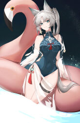  absurdres adapted_costume animal_ears bare_shoulders blue_one-piece_swimsuit clothing_cutout commentary covered_navel earrings eyeshadow feixiao_(honkai:_star_rail) female forehead_jewel fox_ears fox_girl green_eyes hei_yubai_yuan highres honkai:_star_rail honkai_(series) inflatable_flamingo jewelry larg_br long_hair looking_at_viewer makeup one-piece_swimsuit open_clothes open_shirt parted_bangs red_eyeshadow sarong see-through see-through_sarong see-through_shirt shirt side_cutout sidelocks smile solo standing swimsuit thigh_strap very_long_hair wading wet white_hair white_sarong white_shirt 