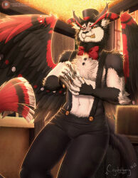  absurd_res anthro black_sclera clothing crystalberry demon digital_media_(artwork) domestic_cat feathered_wings feathers felid feline felis female fur gold_(metal) gold_tooth hat hazbin_hotel headgear headwear hi_res husk_(hazbin_hotel) looking_at_viewer male mammal simple_background solo tail wings 