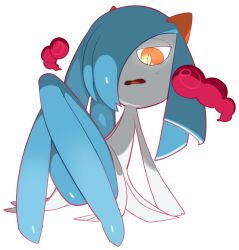  bright_pupils female full_body gigantamax_(other) hair_over_one_eye kirlia knees_up looking_at_viewer open_mouth orange_eyes pokemon pokemon_(creature) short_hair sido_(slipknot) simple_background solo white_background white_pupils 