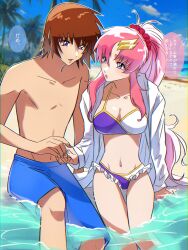  1boy absurdres beach bikini blue_eyes blue_sky blush breasts brown_hair cloud day female frilled_bikini frills gundam gundam_seed gundam_seed_freedom hair_ornament highres holding_hands jacket kira_yamato lacus_clyne long_hair ocean official_alternate_costume open_mouth outdoors pink_hair ponytail purple_eyes rrrisyf sand short_hair sitting sky smile straight swimsuit two-tone_bikini very_long_hair water 