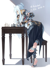  absurdres ahoge armor armored_dress ass black_dress bld_zi board_game breastplate chair character_request chess chess_piece chessboard commentary_request commission copyright_request dress feet female fingerless_gloves foot_focus from_behind full_body gloves grey_background grey_hair hair_between_eyes head_rest highres holding_chess_piece korean_commentary leaning_forward long_hair long_toenails no_shoes shadow sharp_toenails shoulder_armor sidelocks simple_background soles solo table tiptoes toenails toes twitter_username white_background 