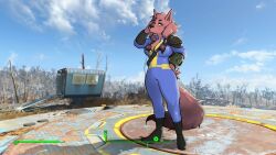  breasts canid canine canis clothed clothing cuttlehonk fallout female gameplay_mechanics gui hand_on_head hand_on_hip health_bar mammal microsoft pip-boy sky vault_suit wolf 