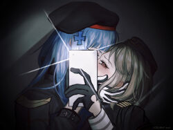  2girls absurdres artist_name beret black_beret black_gloves black_jacket blonde_hair blue_hair blush cellphone cross_hair_ornament dark_background dated english_commentary garrison_cap girls&#039;_frontline gloves gun hair_ornament half_gloves hat highres hk416_(girls&#039;_frontline) holding holding_another&#039;s_head holding_phone implied_kiss jacket k1s10r0d kissing lens_flare long_hair looking_at_viewer medium_hair military_uniform mp40 mp40_(girls&#039;_frontline) multiple_girls orange_eyes phone selfie simple_background smartphone submachine_gun sweatdrop uniform weapon yuri 