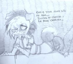  alternative_fashion anthro canid canine canis domestic_dog emo english_text female graphite_(artwork) hi_res mammal monochrome pencil_(artwork) scene_haircut solo spitthesauce text traditional_media_(artwork) 