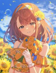  alternate_costume bare_shoulders blue_sky blurry blurry_background blush bouquet brown_hair cloud day depth_of_field dress earrings female flower flower_earrings gloves grey_eyes hair_ornament hanasato_minori highres holding holding_bouquet holding_flower jewelry long_hair looking_at_viewer lushuao off_shoulder outdoors project_sekai sky smile solo sunflower yellow_flower 