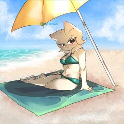  anthro beach blush breasts cleavage clothed clothing eyelashes felid feline female footwear fur green_clothing green_swimwear heng_(nine_sols) hi_res looking_at_viewer mammal navel nine_sols parasol pichanliu red_candle_games red_eyes sandals sea shoes sitting sky small_breasts solarian solo swimwear tan_body tan_fur thick_thighs water wide_hips 