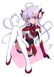  ahoge arm_support breasts convenient_leg eyelashes female full_body hair_between_eyes heart hibun_tsukasa highres large_breasts long_hair looking_at_viewer purple_eyes purple_hair senki_zesshou_symphogear signature sitting solo thighhighs twintails white_background white_thighhighs yukine_chris 