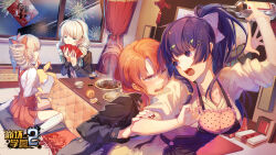  4girls aerial_fireworks alcohol apron benghuai_xueyuan black_jacket blue_eyes blush bottle bow bowl braid breasts bronya_zaychik chinese_new_year chopsticks closed_mouth copyright_name curtains doll drill_hair drunk fireworks food fruit gift grey_eyes grey_hair hair_ornament hairbow hairpin headband highres holding holding_doll homu_(honkai_impact) hongbao honkai_(series) indoors jacket kiana_kaslana kneehighs logo long_hair long_sleeves multiple_girls murata_himeko nail_polish night night_sky official_art open_mouth overall_skirt peach ponytail purple_eyes purple_hair raiden_mei red_hair red_nails second-party_source shirt sitting sky sleeves_rolled_up smile socks twin_drills wariza white_hair white_shirt white_socks window wine wine_bottle yellow_eyes 