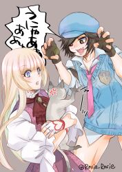  2girls artist_name blonde_hair blue_eyes blue_sweater blunt_bangs blush breasts brown_eyes brown_hair collarbone dress fighting_game fingerless_gloves frills gloves hime_cut kazama_asuka lili_(tekken) long_hair multiple_girls rosie_rosie short_hair skirt sweater sweater_dress tekken tekken_8 tomboy 