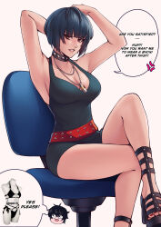  absurdres amamiya_ren armpits arms_up bare_legs bare_shoulders belt black_choker black_dress black_hair blueriest blush breasts brown_eyes chibi chibi_inset choker collarbone commentary crossed_legs dress english_commentary english_text eyelashes female foot_out_of_frame gladiator_sandals highres jewelry large_breasts legs looking_at_viewer nail_polish necklace on_chair parted_lips persona persona_5 red_belt red_nails sandals short_dress short_hair simple_background sitting solo speech_bubble studded_choker takemi_tae thighs toenail_polish toenails toes 