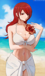  artist_name beach bikini breasts cleavage cloud cloudy_sky collarbone commentary cowboy_shot day english_commentary female front-tie_bikini_top front-tie_top hair_over_one_eye hand_up highres kirijou_mitsuru large_breasts long_hair looking_at_viewer n7grey navel official_alternate_costume outdoors paid_reward_available parted_lips persona persona_3 red_eyes red_hair red_nails sidelocks sky solo stomach swimsuit twitter_username web_address white_bikini 