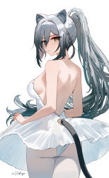  absurdres animal_ears arknights artist_name ass ballet_dress breasts cat_ears cat_girl cat_tail closed_mouth commentary cowboy_shot dress female from_behind grey_hair hair_between_eyes highres long_hair looking_at_viewer looking_back medium_breasts ponytail schwarz_(arknights) sideboob simple_background solo tail tail_through_clothes twitter_username white_background white_dress yellow_eyes zakimpo 