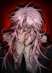  1boy ahoge black_pants black_vest blood blood_in_hair blood_on_clothes blood_on_face blood_on_hands bonley covering_one_eye covering_own_mouth hand_over_eye hand_over_own_mouth hands_on_own_face hashtag-only_commentary hatsutori_hajime highres long_hair long_sleeves looking_at_viewer male_focus pants parted_bangs pink_hair red_background red_eyes saibou_shinkyoku shirt sitting solo vest white_shirt wide-eyed 