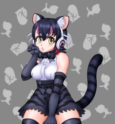  absurdres animal_ears belt black_hair bow bowtie cat_ears cat_tail elbow_gloves extra_ears female gloves grey_background headphones highres humboldt_penguin_(kemono_friends) kemono_friends kemono_friends_v_project looking_at_viewer microphone nekomock penguin_girl shirt short_hair simple_background skirt sleeveless sleeveless_shirt solo tail thighhighs tongue virtual_youtuber yellow_eyes 