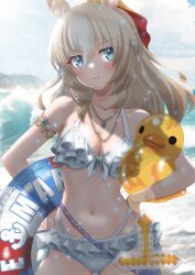  animal_ears beach bikini blonde_hair blue_eyes blue_sky blurry blurry_background breasts cleavage cowboy_shot day durandal_(umamusume) ear_ornament female frilled_bikini frills hands_on_own_hips highres horse_ears horse_girl horse_tail innertube jewelry medium_breasts navel necklace ocean otono_(bkt4b) outdoors sand sky solo stomach swim_ring swimsuit tail umamusume water white_bikini 