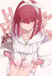  absurdres animal_slippers blush bow_hairband braid breasts center-flap_bangs collarbone commentary_request criss-cross_halter dress earrings fanged_bangs female frilled_dress frills fur_hoodie hairband halterneck happy_birthday heart heart_earrings heterochromia highres hololive hood hoodie houshou_marine houshou_marine_(8th_costume) jewelry kneehighs knees_out_of_frame large_breasts looking_at_viewer loose_socks official_alternate_costume official_alternate_hairstyle parted_lips red_eyes red_hair short_dress short_hair sitting slippers socks solo virtual_youtuber wariza white_background white_dress white_hairband white_hoodie white_socks yellow_eyes yuzuyukiha 