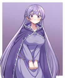  absurdres blush border breasts cape closed_mouth dress female fire_emblem fire_emblem:_the_binding_blade highres large_breasts lise_imo long_hair looking_at_viewer outside_border purple_background purple_cape purple_dress purple_eyes purple_hair solo sophia_(fire_emblem) very_long_hair white_border 