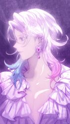  1boy blue_eyes blue_hair claramell21 collarbone colored_eyelashes ear_cuffs earrings expressionless frilled_shirt frills gavis_bettel hair_between_eyes highres holostars holostars_english jewelry looking_to_the_side male_focus medium_hair pectoral_cleavage pectorals pink_hair shirt solo upper_body virtual_youtuber white_hair white_shirt 