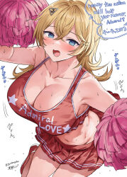  alternate_costume bare_shoulders blonde_hair blue_eyes blush breasts cheerleader cleavage clothes_writing crop_top english_text female hair_ornament heart highres kantai_collection large_breasts long_hair looking_at_viewer midriff miniskirt mixed-language_text mizuta_kenji navel open_mouth pleated_skirt pom_pom_(cheerleading) red_footwear red_skirt signature simple_background skirt sleeveless solo sound_effects sweat tuscaloosa_(kancolle) twitter_username white_background 