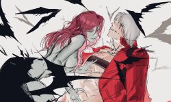  1boy belt_bra bishounen blue_eyes breasts cleavage coat colored_skin dante_(devil_may_cry) demon devil_may_cry_(series) devil_may_cry_3 female highres large_breasts long_hair male_focus monster_girl navel nevan nude pale_skin red_coat red_hair sang_lyj smile very_long_hair white_hair 