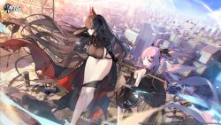  2girls absurdres ahoge alvitr_(azur_lane) animal azur_lane bad_anatomy bare_shoulders bird blue_sky blush breasts brown_hair building chromatic_aberration city closed_mouth company_connection company_name copyright_name copyright_notice cross elbow_gloves eyepatch ggoc_ill gloves gradient_sky hair_ornament hairclip highleg highleg_leotard highres horns iron_cross jacket large_breasts leotard logo long_hair looking_at_viewer multiple_girls off_shoulder official_art outdoors pink_hair railing red_eyes second-party_source shiny_skin sky sleeveless thighs twintails yellow_eyes z47_(azur_lane) 