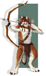  4_toes 5_fingers abs aiming_bow aiming_weapon alert anthro arm_tuft arrow_(weapon) beads blue_eyes bottomwear bow_(weapon) braided_fur braided_mane brown_body brown_claws brown_fur brown_lips brown_nose brown_pawpads buckle canid canine canis claws clothing concentrating detailed detailed_clothing digital_drawing_(artwork) digital_media_(artwork) digitigrade drawing_bowstring elbow_tuft feather_in_mane feathers feet felfi finger_claws fingers fluffy fluffy_tail fur hi_res holding_object holding_weapon lips loincloth longbow looking_offscreen male mammal mane miles_(miles-wolf) muscular muscular_anthro muscular_male pawpads paws pecs quiver_(object) ranged_weapon rogueliger simple_background snaggle_teeth solo standing tail toe_claws toes tribal tuft weapon white_body white_fur wolf 