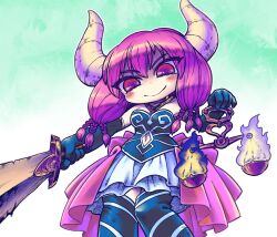  2021 2_horns aura_the_guillotine balance_scale blue_clothing clothing demon demon_humanoid female frieren_beyond_journey&#039;s_end hair hakuyou horn humanoid melee_weapon purple_eyes purple_hair simple_background solo sword teal_background weapon 