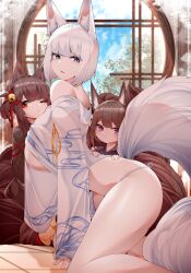  3girls absurdres akagi-chan_(azur_lane) all_fours alternate_costume amagi-chan_(azur_lane) animal_ear_fluff animal_ears arched_back ass azur_lane bell blue_eyes breasts brown_hair brown_kimono brown_tail fox_ears fox_girl fox_tail hair_bell hair_ornament highres huge_breasts indoors japanese_clothes kaga_(azur_lane) kimono large_tail multiple_girls panties panty_straps purple_eyes red_eyes sagging_breasts samip short_hair slit_pupils string_panties tail underboob underwear white_hair white_tail wide_sleeves 