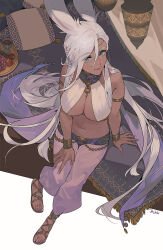  animal_ears armlet bracelet braid breasts byuub cleavage cup female final_fantasy final_fantasy_xiv food from_above fruit full_body green_eyes hair_between_eyes hand_on_own_knee huge_breasts jewelry long_hair looking_at_viewer looking_up midriff navel necklace pillow pink_nails rabbit_ears rug sandals single_braid sitting smile solo toes tray very_long_hair viera warrior_of_light_(ff14) white_hair 