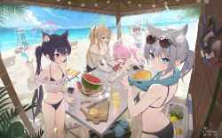  5girls absurdres ayane_(blue_archive) beach bikini black_bikini blonde_hair blue_archive blue_eyes blush breasts closed_eyes english_commentary food foreclosure_task_force_(blue_archive) frilled_shirt frills fruit grey_hair halak0000 hat highres hoshino_(blue_archive) large_breasts looking_at_viewer looking_back looking_to_the_side medium_breasts mismatched_pupils multiple_girls nonomi_(blue_archive) ocean off-shoulder_shirt off_shoulder outdoors palm_tree pink_hair ponytail purple_hair red_eyes sand serika_(blue_archive) shiroko_(blue_archive) shirt small_breasts smile straw_hat swimsuit table tree twintails watermelon 