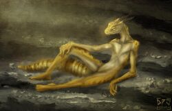  2024 anthro cave digital_media_(artwork) digital_painting_(artwork) dirtypaperjoe dragon eublepharid gecko green_eyes hi_res horn hybrid leopard_gecko lizard lounging mythological_creature mythological_scalie mythology reptile rock scalie skinny slim tail volumetric_lighting yellow_body 