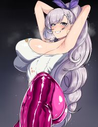  absurdres armpits arms_behind_head arms_up ass blush braid braided_bangs breasts commentary cosplay english_commentary female green_eyes grey_hair heart high_ponytail highres hololive hololive_english hololive_indonesia huge_breasts leotard long_hair looking_at_viewer pantyhose parted_lips pavolia_reine pink_pantyhose rudeus_(steban_sharnak) shiny_skin sideboob simple_background smile solo takanashi_kiara takanashi_kiara_(cosplay) takanashi_kiara_(fever_night) very_long_hair virtual_youtuber white_leotard 