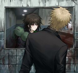  2boys atou_haruki bathroom black_jacket blonde_hair blood blood_on_mirror blood_on_wall bonley brown_hair commentary different_reflection english_commentary glitch indoors isoi_haruki jacket long_sleeves looking_at_mirror male_focus mirror multiple_boys red_eyes reflection saibou_shinkyoku short_hair upper_body 