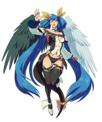  angel_wings arm_up armpits ashensol asymmetrical_wings bare_shoulders belt black_panties black_thighhighs blue_hair breasts cleavage collarbone detached_collar detached_sleeves dizzy_(guilty_gear) feathered_wings female guilty_gear guilty_gear_xrd hair_ribbon hair_rings highres large_breasts long_hair midriff monster_girl navel panties ribbon showgirl_skirt simple_background skirt solo thick_thighs thigh_strap thighhighs thighs twintails underwear white_background wide_sleeves wings yellow_ribbon 