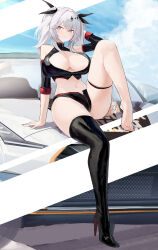  absurdres arm_up azur_lane bare_legs bare_shoulders barefoot black_footwear black_shirt black_shorts black_thighhighs boots breasts car cleavage cleavage_cutout closed_mouth clothing_cutout crop_top detached_sleeves expressionless feet female hair_ribbon high_heel_boots high_heels highres joffre_(azur_lane) joffre_(blessings&#039;_first_flight)_(azur_lane) large_breasts leg_up long_hair long_sleeves looking_at_viewer micro_shorts midriff motor_vehicle navel official_alternate_costume open_fly pink_eyes race_queen revealing_clothes ribbon shirt shorts single_thigh_boot sitting skindentation sleeveless sleeveless_shirt solo sports_car stomach suo_bu_ye_feng thigh_boots thigh_strap thighhighs thighs toes twintails white_hair zipper 