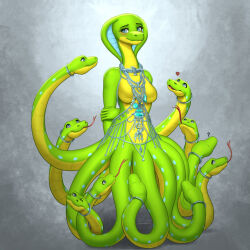  anthro apode blue_eyes blush breasts cobra draconcopode featureless_breasts female forked_tongue green_body green_scales heart_symbol hi_res jewelry legless mykegreywolf naga necklace reptile scales scalie serpentine snake solo sylene_(blissey1) tongue tongue_out 