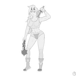  1:1 big_breasts bracelet breasts clothed clothing demon demonica digital_media_(artwork) ear_piercing female hair hi_res horn human jewelry looking_at_viewer mace mammal melee_weapon monochrome muscular onetruefanatyk piercing simple_background smile solo sword warrior weapon 