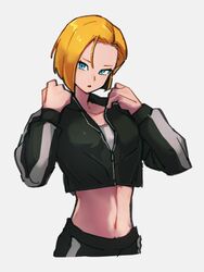  alternate_costume android_18 black_jacket blonde_hair blue_eyes commentary_request crop_top cropped_jacket dragon_ball dragon_ball_z female grey_background jacket kemachiku long_sleeves looking_at_viewer midriff navel short_hair simple_background solo 