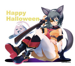  absurdres alternate_costume animal_ears black_footwear black_gloves blue_eyes boots elbow_gloves eyepatch fake_animal_ears fake_tail female gloves green_hair halloween_costume highres kantai_collection kiso_(kancolle) medium_hair pantyhose sirakane_(tigo5115) sitting solo tail torn_clothes torn_gloves torn_pantyhose torpedo white_gloves white_legwear 