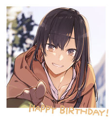  black_hair border coat commentary_request earrings female gloves grin hair_between_eyes happy happy_birthday jewelry long_hair multiple_pov nakatani_nio nanami_touko open_mouth pointing pointing_at_viewer pov scenery smile solo sunlight teeth upper_body white_border yagate_kimi_ni_naru 