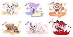  6+others absurdres acorn airani_iofifteen airani_iofifteen_(artist) animalization anya_melfissa area_15 autumn_leaves ayunda_risu black_eyes character_name everyone feline highres hololive hololive_indonesia holoro kureiji_ollie kureiji_ollie_(1st_costume) licking_paw moona_hoshinova multiple_others no_humans open_mouth patchwork_skin pavolia_reine paw_print pun sleeping sparkle virtual_youtuber waving white_background zzz 