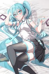  :q absurdres aqua_eyes aqua_hair aqua_necktie arm_support bare_arms bare_shoulders black_skirt black_sleeves black_thighhighs blush come_hither commentary detached_sleeves detached_sleeves_removed eikawa_suru feet_out_of_frame female hair_ornament hatsune_miku head_on_hand head_rest highres holding holding_own_hair long_hair looking_at_viewer lying miniskirt necktie on_bed on_side pleated_skirt shirt shoulder_tattoo skirt sleeveless sleeveless_shirt solo tattoo thighhighs tongue tongue_out twintails unworn_hair_ornament very_long_hair vocaloid white_shirt zettai_ryouiki 