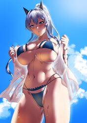  absurdres bikini blue_bikini blue_eyes blue_hair blue_sky breasts commentary_request female gloves goddess_of_victory:_nikke hair_between_eyes helm_(aqua_marine)_(nikke) helm_(nikke) high_ponytail highleg highleg_bikini highres jacket large_breasts light_blush long_hair long_sleeves micro_bikini mrdotd navel official_alternate_costume open_clothes open_jacket open_mouth outdoors see-through see-through_jacket see-through_shirt shirt sidelighting sky solo string_bikini swimsuit wet wet_jacket white_gloves white_jacket 