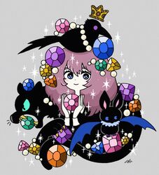  animal_on_head bat bird bird_on_head black_bird black_cat blue_eyes crown feline female garouma gem green_sclera grey_background holding_gemstone jewelry long_hair long_sleeves looking_at_viewer on_head original purple_eyes purple_hair smile sparkle upper_body 