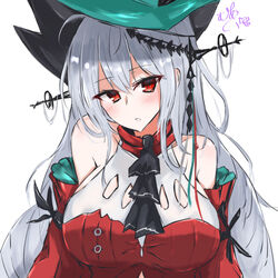  aqua_hat arknights ascot black_ascot breasts detached_sleeves dress female grey_hair hat headgear highres large_breasts long_hair looking_at_viewer maiq06 official_alternate_costume red_dress red_eyes red_sleeves simple_background skadi_(arknights) skadi_the_corrupting_heart_(arknights) solo upper_body very_long_hair white_background 