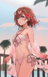  absurdres bikini blurry blurry_background blurry_foreground blush breasts brown_hair collarbone commentary cowboy_shot depth_of_field eyewear_on_head female flower groin hair_flower hair_ornament halterneck heart heart-shaped_eyewear highres higuchi_madoka idolmaster idolmaster_shiny_colors looking_away medium_breasts mole mole_under_eye navel nonbire outdoors palm_tree railing red_eyes shawl side-tie_bikini_bottom solo stomach swimsuit symbol-only_commentary thighs tree 