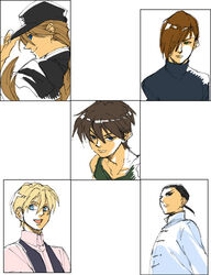  5boys aqua_eyes black_hair blonde_hair braid brown_hair chang_wufei chinese_clothes collarbone duo_maxwell expressionless green_eyes gundam gundam_wing heero_yuy looking_at_viewer male_focus metricmaile multiple_boys open_mouth portrait quatre_raberba_winner short_hair single_braid teeth trowa_barton upper_body 