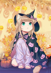  40hara animal_ear_fluff animal_ears aqua_eyes blonde_hair blunt_bangs cat_ears cat_girl cat_tail cloak commentary_request extra_ears female halloween hat highres jack-o&#039;-lantern kinako_(40hara) long_hair original oversized_clothes photo-referenced sitting solo tail witch_hat 