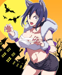  bat_(animal) black_choker black_shorts blue_hair breasts building chest_sarashi choker claw_pose cleavage_cutout clothing_cutout commentary_request cropped_jacket denim denim_shorts female fingernails frown full_moon fur-trimmed_hood fur_cuffs fur_trim halloween halloween_costume highres hitomi-chan_wa_hitomishiri hood hood_down hooded_jacket jacket large_breasts looking_at_viewer moon natsumi_chorisuke navel open_fly open_mouth orange_sky purple_eyes purple_jacket sarashi scar scar_across_eye sharp_fingernails sharp_teeth short_hair short_shorts shorts sky solo standing takano_hitomi teeth tree v-shaped_eyebrows 