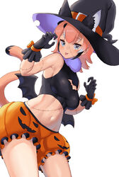  absurdres animal_costume animal_ear_fluff animal_ears bare_shoulders bat_wings blue_eyes breasts caracal_(kemono_friends) clothing_cutout extra_ears female gloves halloween halloween_costume hat highres kemono_friends kemono_friends_v_project long_hair looking_at_viewer multicolored_hair orange_hair sawara_noa scarf shirt shorts simple_background sleeveless sleeveless_shirt solo tail tongue virtual_youtuber wings 